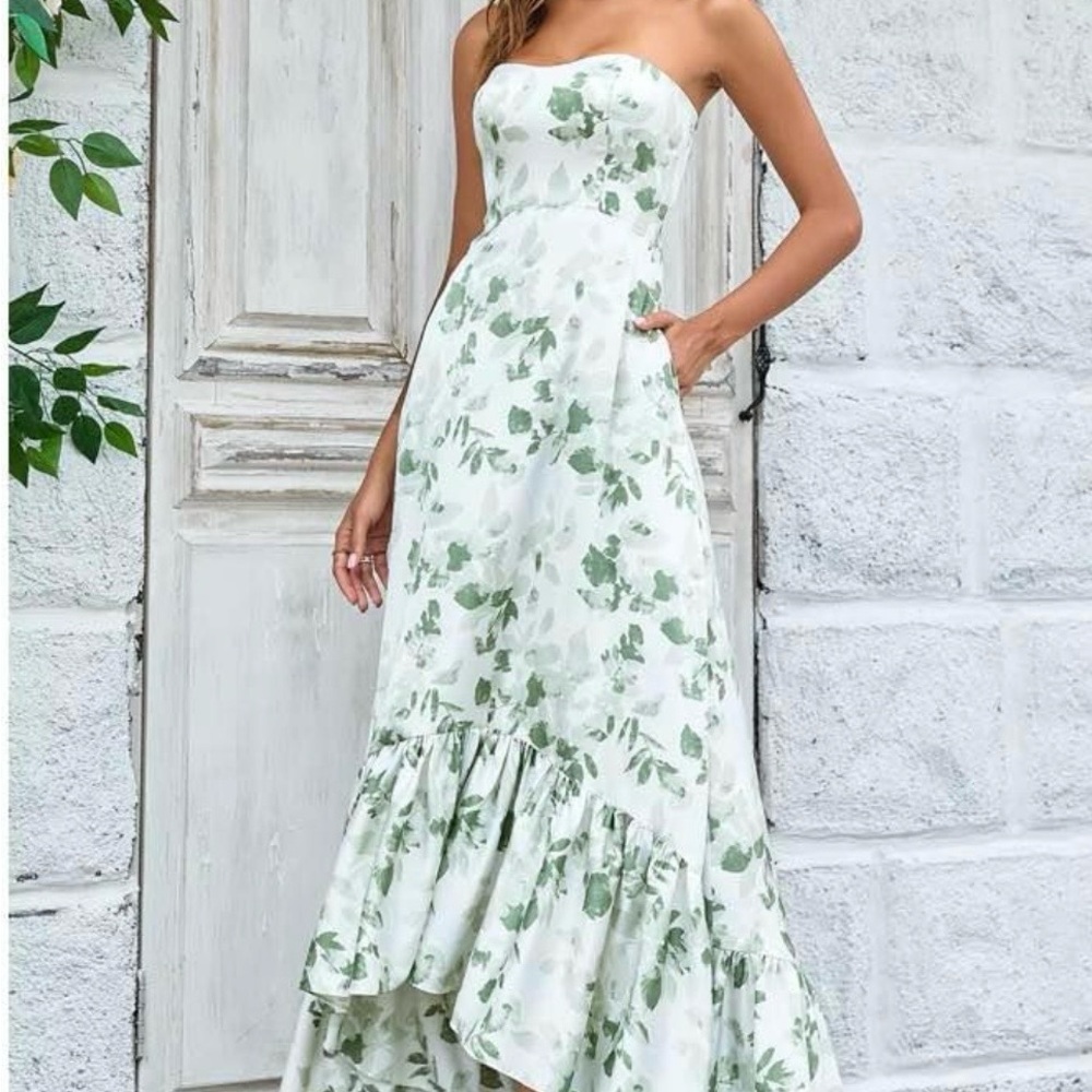 NWT Strapless Green Floral Dress